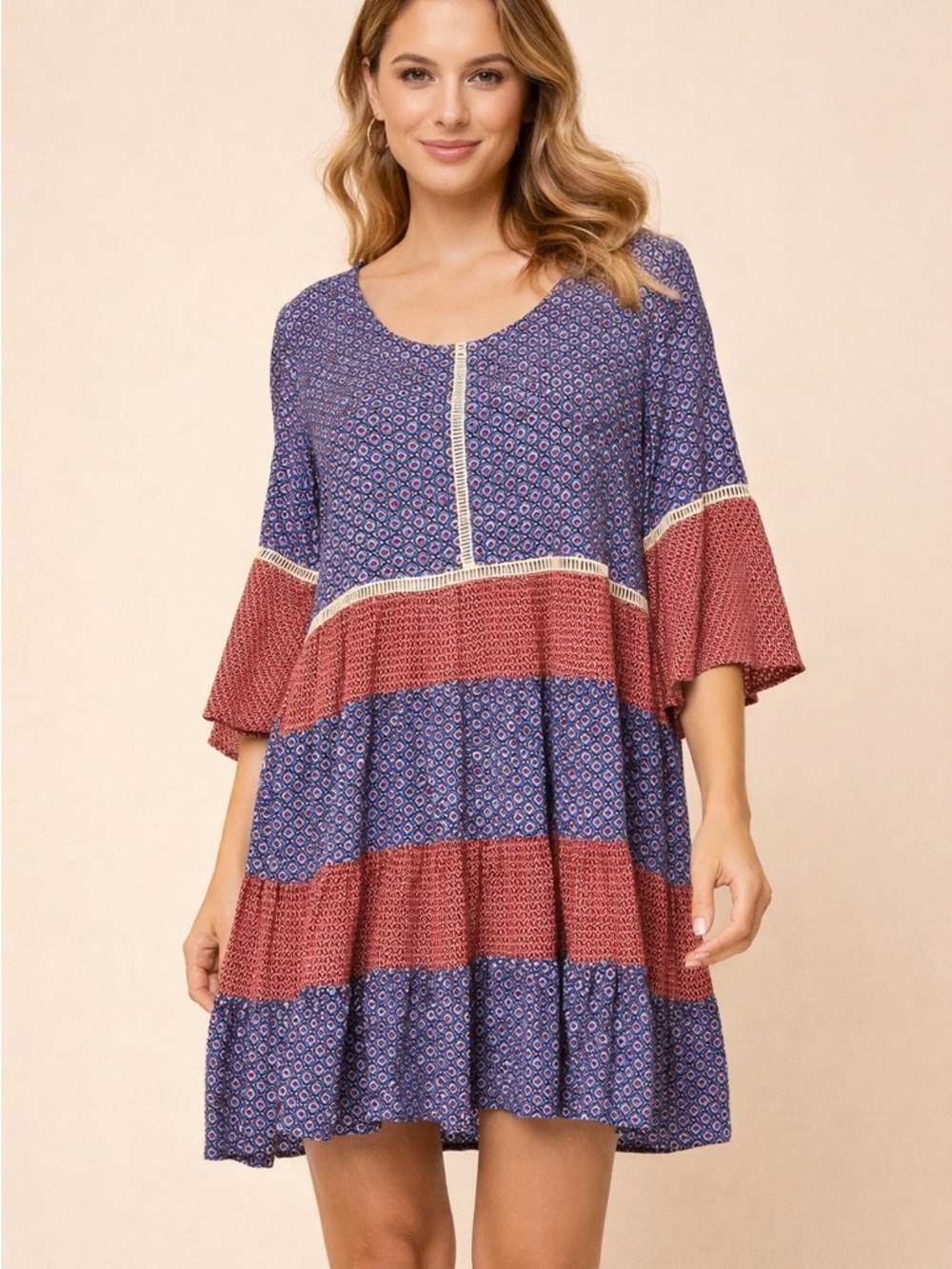 Easel Boho Tiered Tunic Dress Blue Red Print Bell Sleeve Babydoll Medium